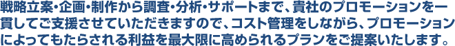 戦略立案・企画・制作から調査・分析・サポートまで、貴社のプロモーションを一貫してご支援させていただきますので、コスト管理をしながら、プロモーションによってもたらされる利益を最大限に高められるプランをご提案いたします。
